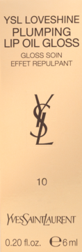 Przednie ujęcie beżowego pudełka YSL Loveshine Plumping Lip Oil Gloss, odcień 10, z logo YSL.