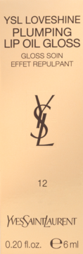 Jasnobeżowe opakowanie YSL Loveshine Plumping Lip Oil Gloss 6ml, widok z przodu, czarne logo, numer 12.