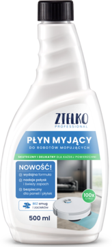 Biała butelka ZTELKO PROFESSIONAL płynu 500ml do robotów mopujących, z ergonomicznym uchwytem, widok z przodu.
