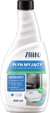 Biała butelka Zielko Professional płynu do robotów mopujących 500ml, widok z przodu, z etykietą "bez smug".
