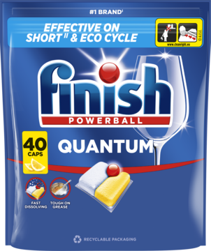 Granatowe opakowanie Finish Quantum 40 kapsułek do zmywarki, z wizualizacją białej, żółtej kapsułki i Powerball.