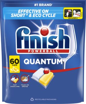 Niebieskie opakowanie Finish Powerball Quantum 60 kapsułek do zmywarki, z biało-żółtą tabletką i ikoną cytryny.
