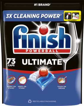 Finish Powerball Ultimate, 73 kapsułki do zmywarki, 3X moc czyszczenia, w ciemnej torbie, widok z przodu.