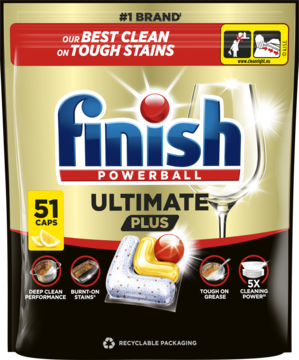 Finish Powerball Ultimate Plus 51 kapsułek do zmywarki, czarno-złota torebka z multi-komorową kapsułką, widok z przodu.