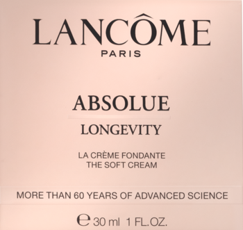 Lancôme Absolue Longevity The Soft Cream, różowe opakowanie 30ml, widok z przodu z czarnym napisem.