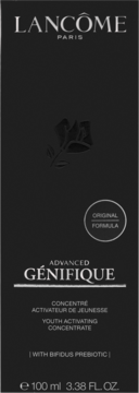 Czarny kartonik Lancôme Advanced Génifique, aktywujący koncentrat 100ml z prebiotykiem, oryginalna formuła, widok z przodu.