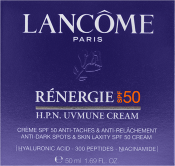 Ciemnofioletowe pudełko kremu Lancôme Rénergie H.P.N. UVMUNE SPF 50 z białym logo i pomarańczowym napisem, widok z przodu.