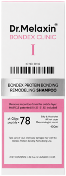 Biała butelka szamponu Dr. Melaxin Bondex Clinic z proteinami i peptydami 400ml, na froncie różowe detale.