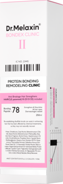 Dr.Melaxin Bondex Clinic II, białe opakowanie proteinowej kuracji 250ml do wzmocnienia włosów, przód/bok.
