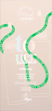 ONLYBIO Toner Duopack mleczny, beżowe opakowanie z zieloną wstążką 'CHŁODNY BLOND', widoczne butelki.
