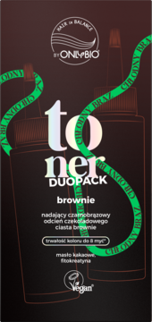 OnlyBio toner do włosów brownie duopack, ciemne opakowanie z zieloną wstążką "CHŁODNY BRAZ", przód.