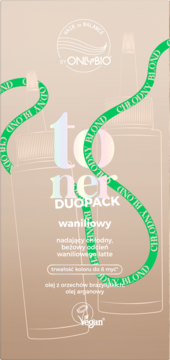 OnlyBio Toner Duopack waniliowy, chłodny beżowy odcień latte, na kremowym opakowaniu, widok z przodu.