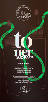 Onlybio Toner Duopack Espresso, ciemnobrązowe opakowanie z butelkami. Kolor trwały do 8 myć, Vegan.