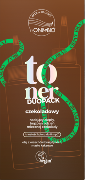 OnlyBio toner Duopack czekoladowy nadający ciepły, brązowy odcień mlecznej czekolady. Z olejem brazylijskim, widok z przodu.