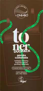 Toner OnlyBio gorzka czekolada duopack, chłodny brąz do 8 myć, butelki na ciemnym tle, z logo Vegan, widok z przodu.