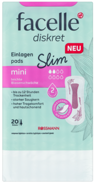 Front opakowania wkładek Facelle diskret Slim mini na lekką nietrzymanie moczu, zielono-białe, 20 szt.