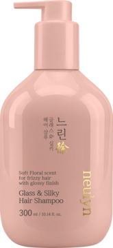 Różowy Neulyn Glass & Silky Hair Shampoo z pompką, dla włosów puszących się, o zapachu Soft Floral, widok z przodu.