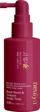 Neulyn Root Boost & Volume Scalp Tonic 100ml, ciemnoróżowa butelka z pompką, ziołowy tonik wzmacniający włosy, widok z przodu.