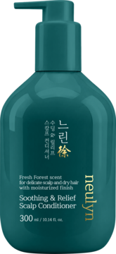 Neulyn Soothing & Relief Scalp Conditioner, ciemnozielona butelka z pompką, Fresh Forest scent, widok z przodu.
