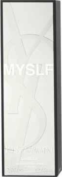 Białe pudełko perfum męskich Yves Saint Laurent Myslf L'Absolu, z widocznym napisem MYSLF i logo, ustawione pod kątem.