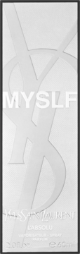 Frontowe białe opakowanie perfum męskich Yves Saint Laurent Myslf L'Absolu z dużym napisem MYSLF i logo.