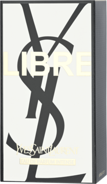 Białe pudełko wody perfumowanej Yves Saint Laurent Libre Intense z czarnym logo YSL i złotymi napisami, widok z przodu.