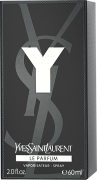 Czarne pudełko perfum męskich Yves Saint Laurent Y Le Parfum, z białym logo Y, widok z przodu.
