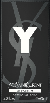 Perfumy męskie Yves Saint Laurent Y Le Parfum 60ml, czarne opakowanie z białym Y i szarym YSL, widok z przodu.