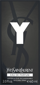 Czarno-szare pudełko męskich perfum YSL Y, 60 ml. Białe logo "Y" na tle YSL monogramu, widok z przodu.