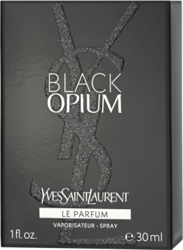 Perfumy damskie YSL Black Opium Le Parfum, czarne pudełko ze srebrnym, brokatowym logo YSL, widok z przodu.
