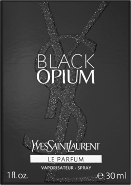 Czarne pudełko perfum damskich Yves Saint Laurent Black Opium Le Parfum, srebrne brokatowe logo YSL, 30ml, widok z przodu.