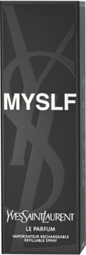 Pionowe, czarne opakowanie perfum Yves Saint Laurent MYSLF Le Parfum z białym logo i napisem, widok z przodu.