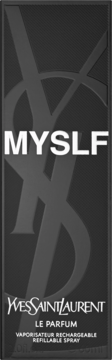 Czarne pudełko perfum męskich Yves Saint Laurent MYSLF Le Parfum, refillable spray, z białymi napisami i logo.