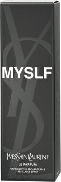 Męskie perfumy Yves Saint Laurent MYSLF LE PARFUM, czarne opakowanie z dużym logo YSL i białym napisem MYSLF.