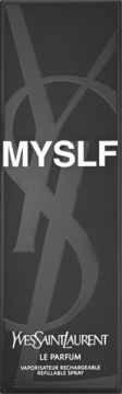 Czarne, prostokątne pudełko perfum męskich Yves Saint Laurent Myslf Le Parfum, z białym napisem 'MYSLF' i logo YSL, widok z przodu.