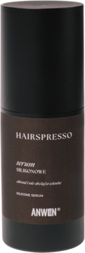 Cylindryczna, ciemnobrązowa butelka wygładzającego serum silikonowego Anwen Hairspresso z jasnymi napisami, widok z przodu.