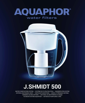 AQUAPHOR J.Shmidt 500, mobilny system uzdatniania wody, biało-przezroczysty, przód, ciemne tło.