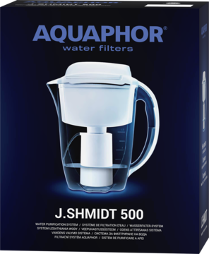 Aquaphor J.Shmidt 500 elektroniczny dzbanek filtrujący, na granatowym pudełku, widok z przodu.