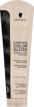 Schwarzkopf Gloss Supreme Pielęgnujący toner Color Gloss Czerń w beżowej tubce, widok z przodu, odświeża i nawilża.