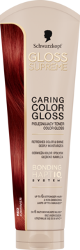 Schwarzkopf Gloss Supreme, pielęgnujący toner Color Gloss Czerwień, tubka z grafiką czerwonych włosów, widok z przodu.