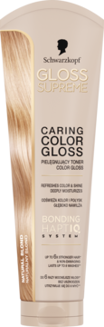Beżowa tubka Schwarzkopf Gloss Supreme Caring Color Gloss Naturalny Blond, pielęgnujący toner, widok z przodu.