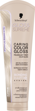 Schwarzkopf Gloss Supreme Caring Color Gloss, pielęgnujący platynowy toner z fioletowym pigmentem, beżowa tuba, widok z przodu.