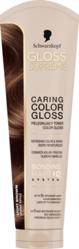 Jasnobrązowy toner Schwarzkopf Gloss Supreme Caring Color Gloss w beżowej tubce, odświeża kolor i nawilża.