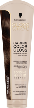 Schwarzkopf Gloss Supreme Caring Color Gloss Czekoladowy Brąz, tuba z brązową grafiką włosów.