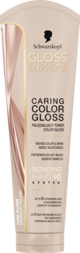 Schwarzkopf Gloss Supreme, pielęgnujący toner Color Gloss Naturalny Połysk. Beżowa tubka z różowo-złotym akcentem, widok z przodu.