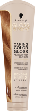 Schwarzkopf Caring Color Gloss Caramel toner, beżowa tuba z wizualizacją karmelowych włosów.