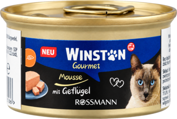Winston Gourmet Mousse z drobiem, karma dla kota w złoto-niebieskiej puszce z napisem „NEU” i wizerunkiem kota syjamskiego.