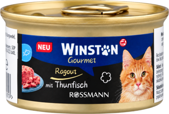 Złota puszka karmy Winston Gourmet Rogout z tuńczykiem dla kota, niebieska etykieta z rudym kotem. Widok z przodu.