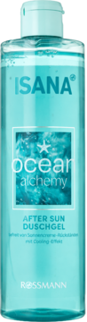 Isana Ocean Alchemy After Sun Duschgel, przezroczysta turkusowa butelka z efektem chłodzenia, widok z przodu.
