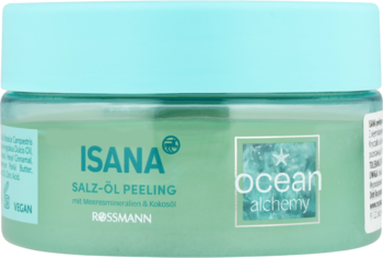 Isana Ocean Alchemy Salz-Öl Peeling w przezroczystym słoiku z zielonkawym scrubem i miętową pokrywką, widok z przodu.
